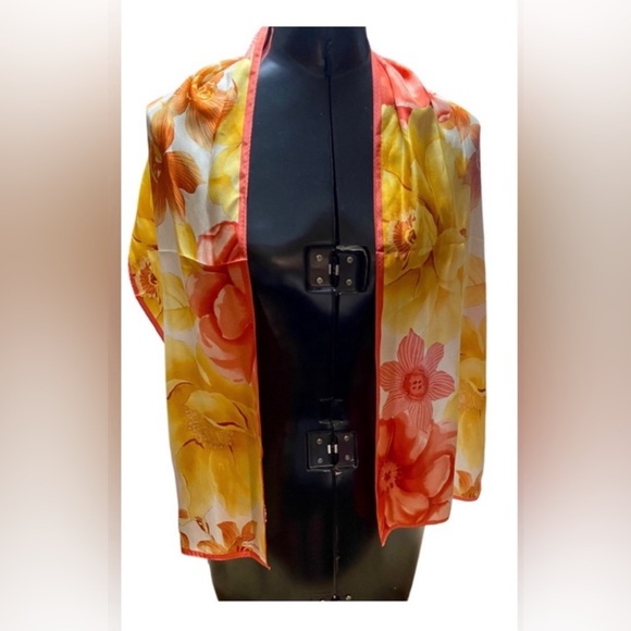 Adrienne Landau Floral Yellow Red 100% Silk Long Scarf - Picture 6 of 6